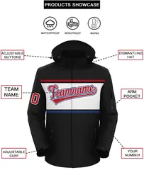 Black Red-White Color Block Outdoor Hooded Waterproof Jacket 2
