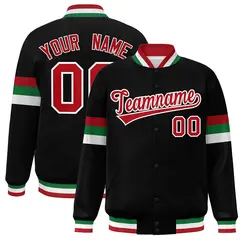 Black Red-White Color Block Varsity Full-Snap Baseball Jacket
