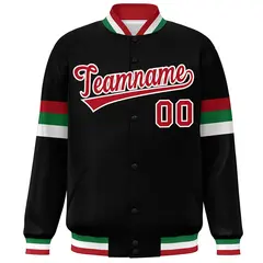 Black Red-White Color Block Varsity Full-Snap Baseball Jacket 3