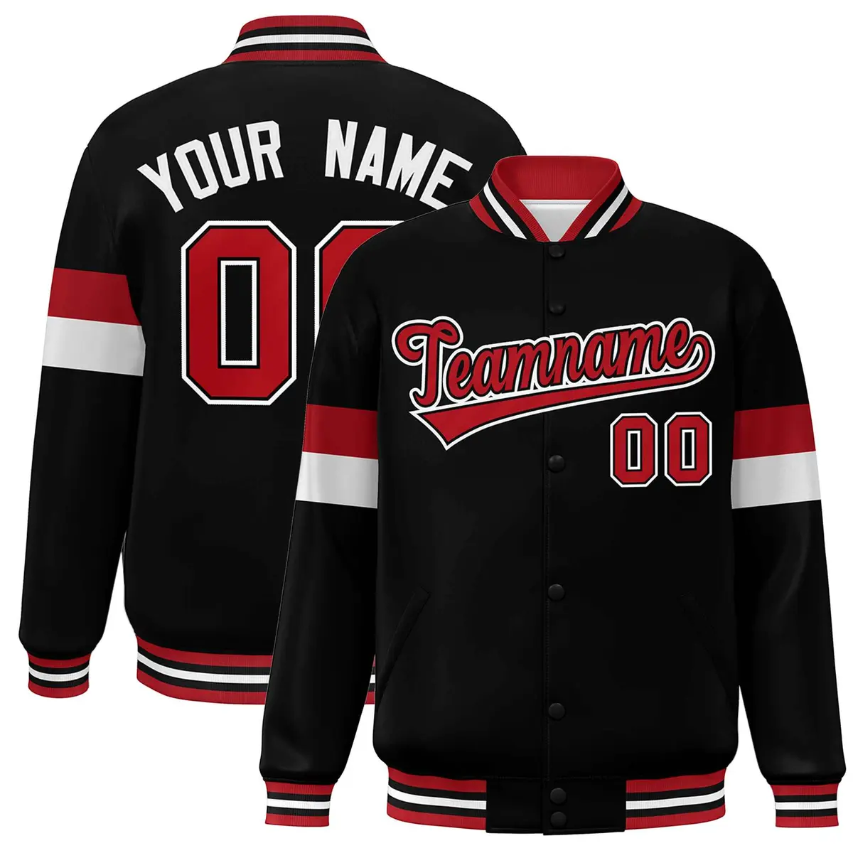 Black Red-White Color Block Varsity Full-Snap Baseball Jacket