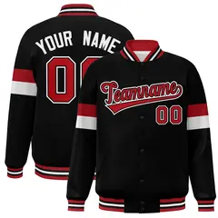 Black Red-White Color Block Varsity Full-Snap Baseball Jacket
