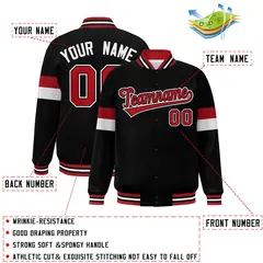 Black Red-White Color Block Varsity Full-Snap Baseball Jacket 2