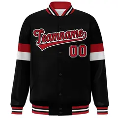 Black Red-White Color Block Varsity Full-Snap Baseball Jacket 3