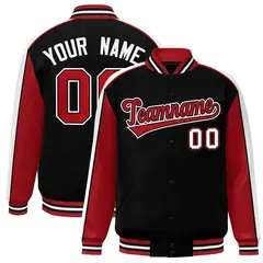 Black Red-White Color Block Varsity Full-Snap Baseball Jacket 1