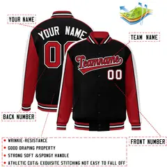 Black Red-White Color Block Varsity Full-Snap Baseball Jacket 2