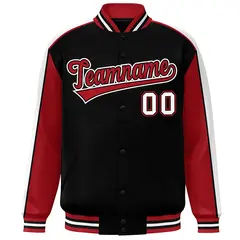 Black Red-White Color Block Varsity Full-Snap Baseball Jacket 3