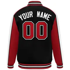 Black Red-White Color Block Varsity Full-Snap Baseball Jacket 4