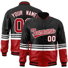 Black Red-White Color Block Varsity Full-Zip Letterman Bomber Jacket