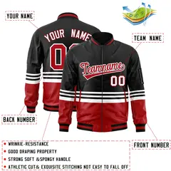 Black Red-White Color Block Varsity Full-Zip Letterman Bomber Jacket 2