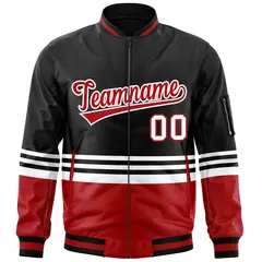 Black Red-White Color Block Varsity Full-Zip Letterman Bomber Jacket 3