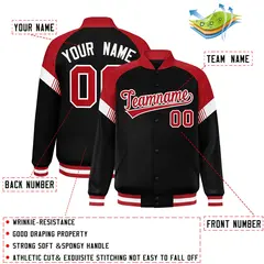 Black Red-White Color Block Varsity Letterman Jacket 2