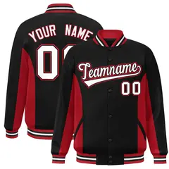 Black Red-White Full-Snap Color Block Varsity Letterman Jacket