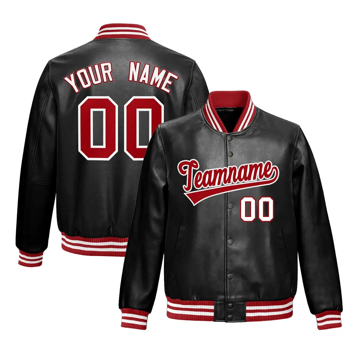 Black Red White Full-Snap Faux Leather Varsity Letterman Jacket