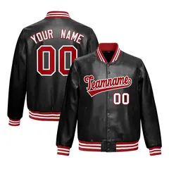 Black Red White Full-Snap Faux Leather Varsity Letterman Jacket 1