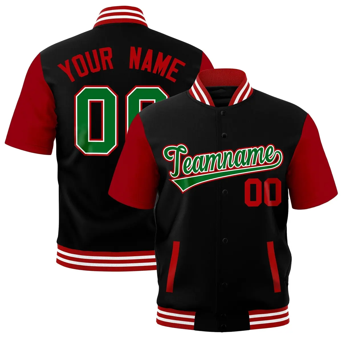 Black Red White Full-Snap Short Sleeve Varsity Jacket