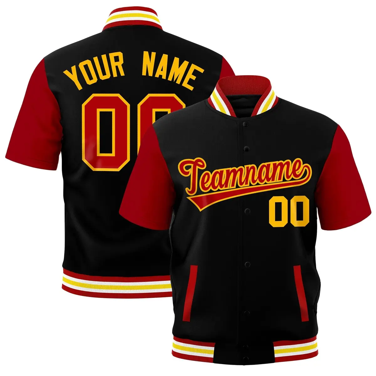 Black Red White Gold Full-Snap Short Sleeve Varsity Jacket