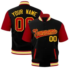 Black Red White Gold Full-Snap Short Sleeve Varsity Jacket 1