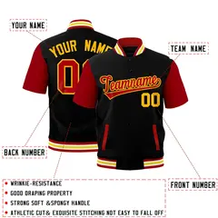 Black Red White Gold Full-Snap Short Sleeve Varsity Jacket 2