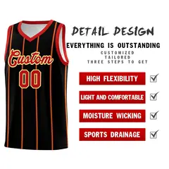 Black Red White Gold Vertical Stripe Single Sided Basketball Jersey 2