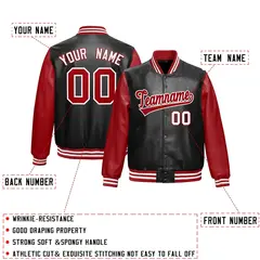 Black Red White Raglan Full-Snap Varsity Faux Leather Letterman Jacket 2