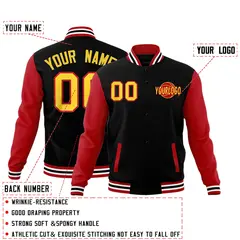 Black Red White Raglan Sleeves Cotton Letterman Jacket 2