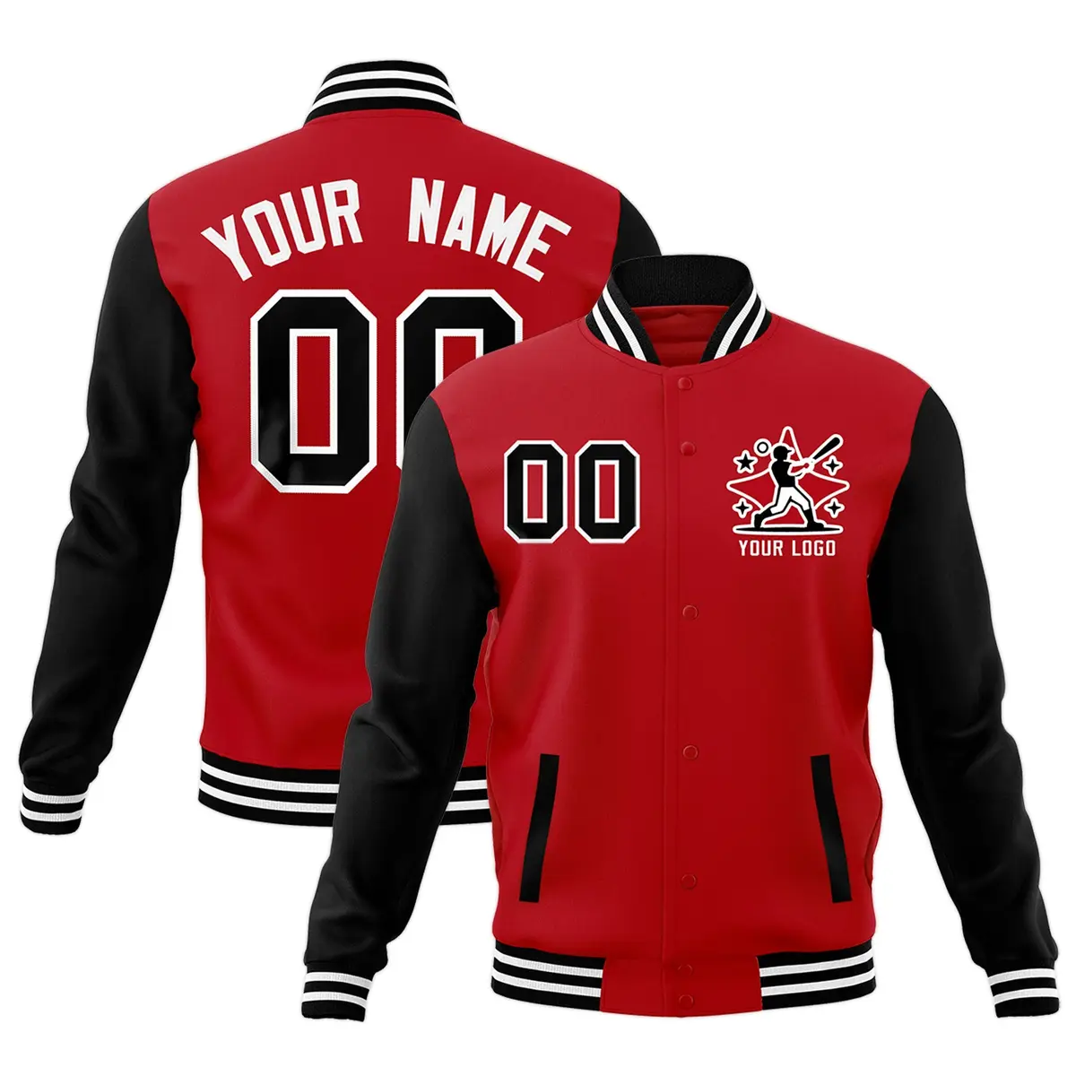 Black Red White Raglan Sleeves Full-Snap Letterman Cotton Jacket