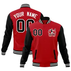 Black Red White Raglan Sleeves Full-Snap Letterman Cotton Jacket 1