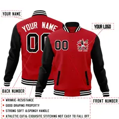 Black Red White Raglan Sleeves Full-Snap Letterman Cotton Jacket 2