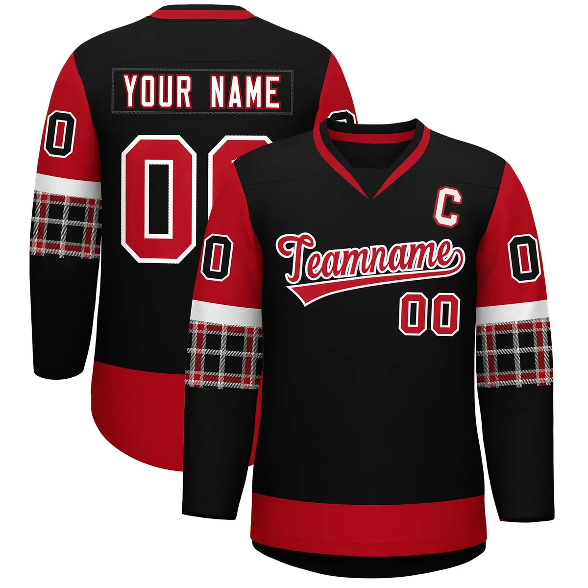 Black Red-White Raglan Sleeves V-Neck Hockey Jersey