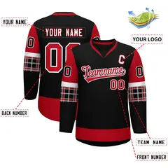 Black Red-White Raglan Sleeves V-Neck Hockey Jersey 2