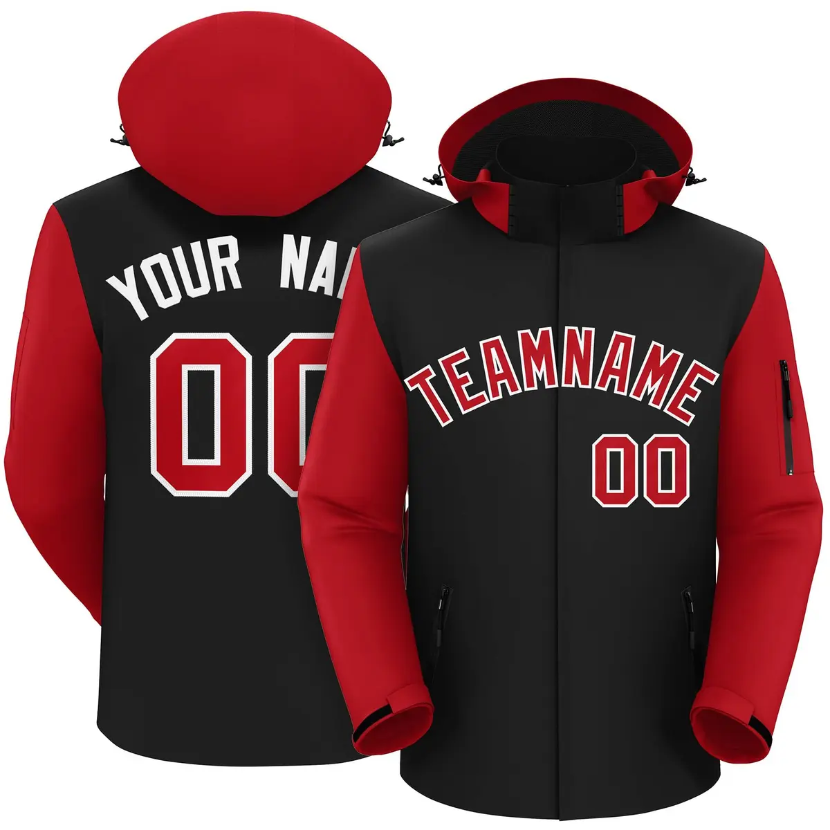 Black Red-White Raglan Sleeves Waterproof Jacket