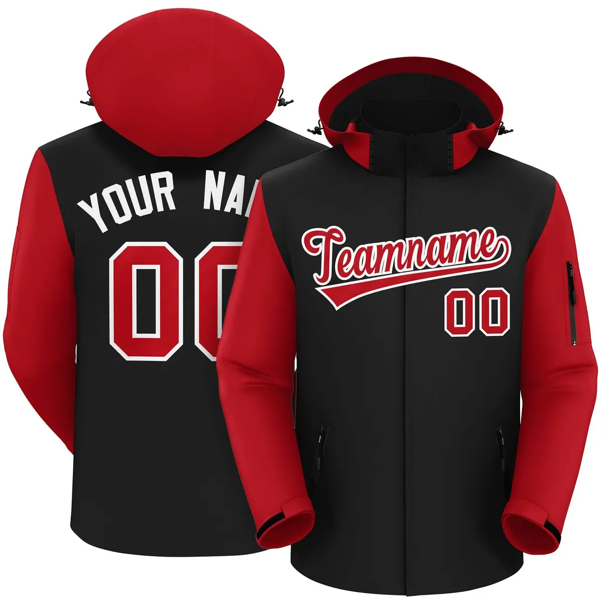 Black Red-White Raglan Sleeves Waterproof Jacket