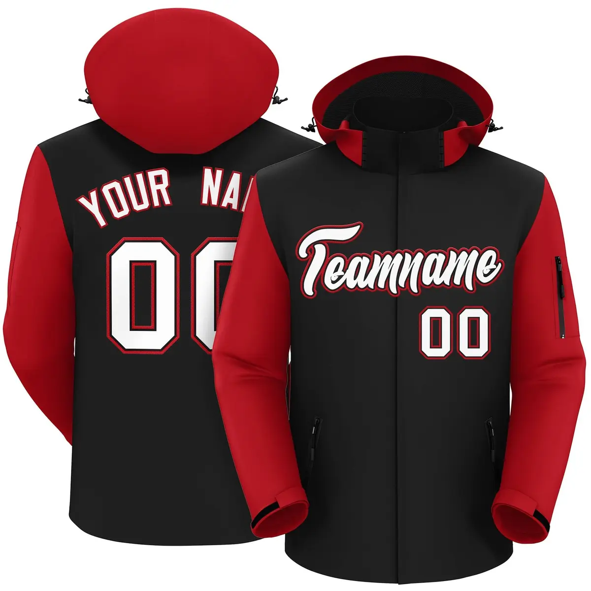 Black Red-White Raglan Sleeves Waterproof Jacket