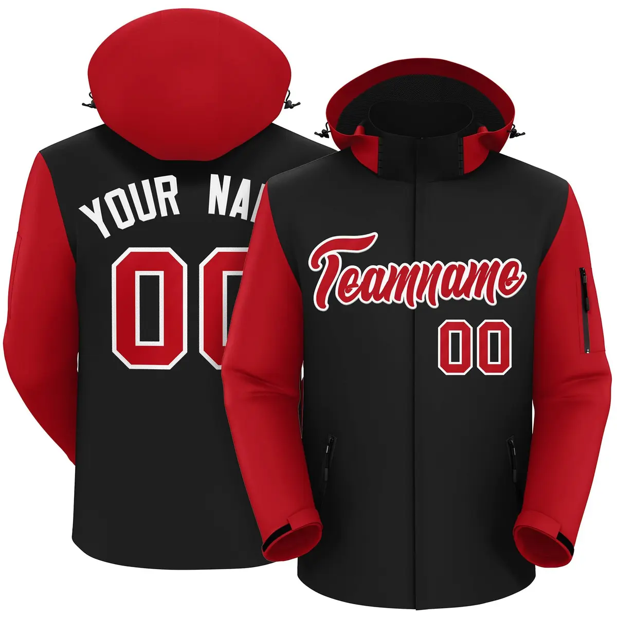 Black Red-White Raglan Sleeves Waterproof Jacket