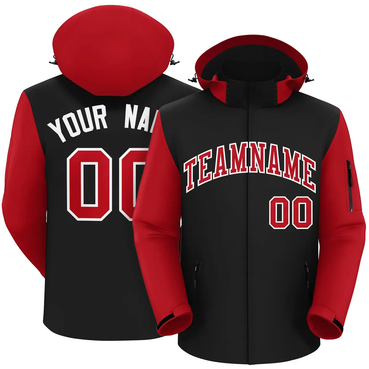 Black Red-White Raglan Sleeves Waterproof Jacket