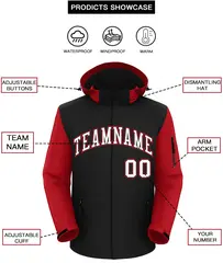 Black Red-White Raglan Sleeves Waterproof Jacket 2
