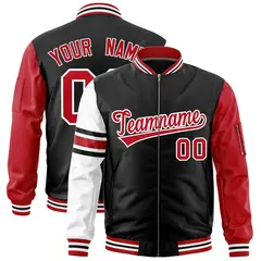 Black Red-White Raglan Stripe Full-Zip Varsity Letterman Bomber Jacket