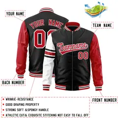 Black Red-White Raglan Stripe Full-Zip Varsity Letterman Bomber Jacket 2