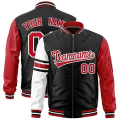 Black Red-White Raglan Stripe Full-Zip Varsity Letterman Bomber Jacket 1