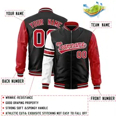 Black Red-White Raglan Stripe Full-Zip Varsity Letterman Bomber Jacket 2