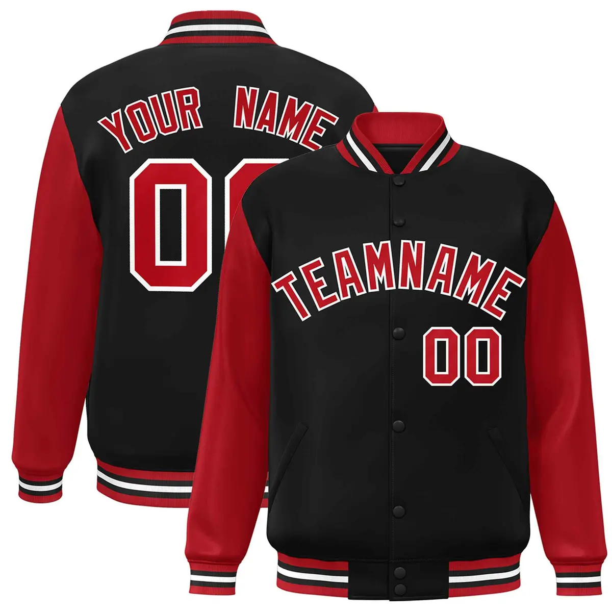 Black Red-White Raglan Varsity Full-Snap Letterman Jacket