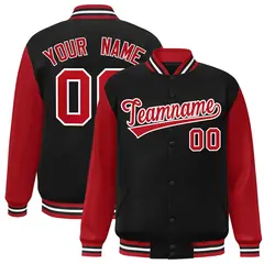 Black Red-White Raglan Varsity Full-Snap Letterman Jacket