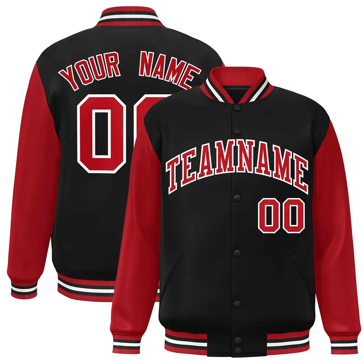 Black Red-White Raglan Varsity Full-Snap Letterman Jacket