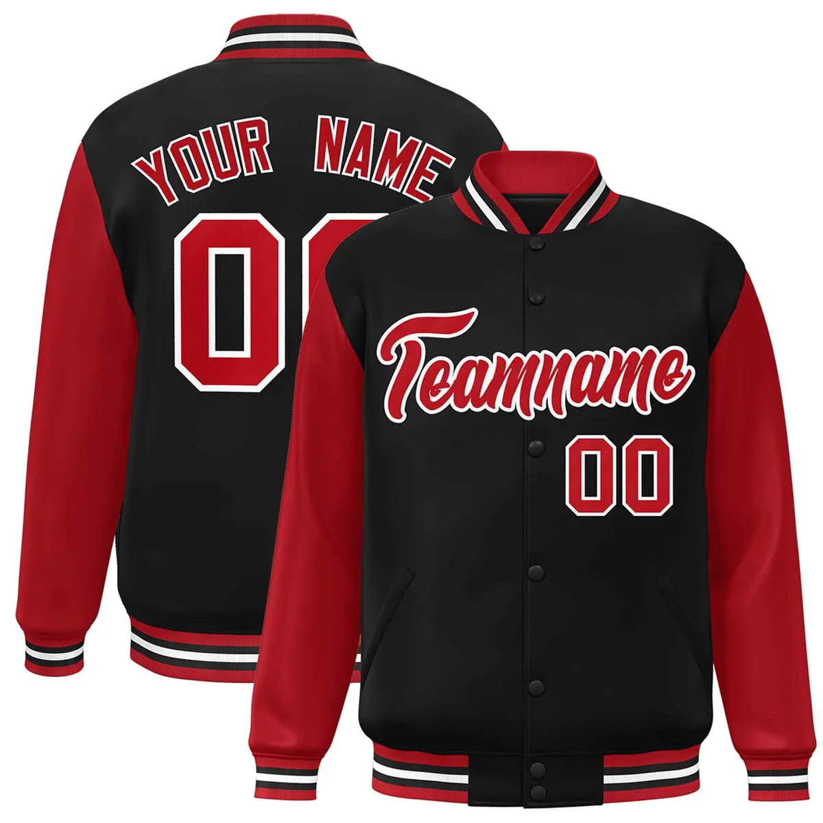 Black Red-White Raglan Varsity Full-Snap Letterman Jacket