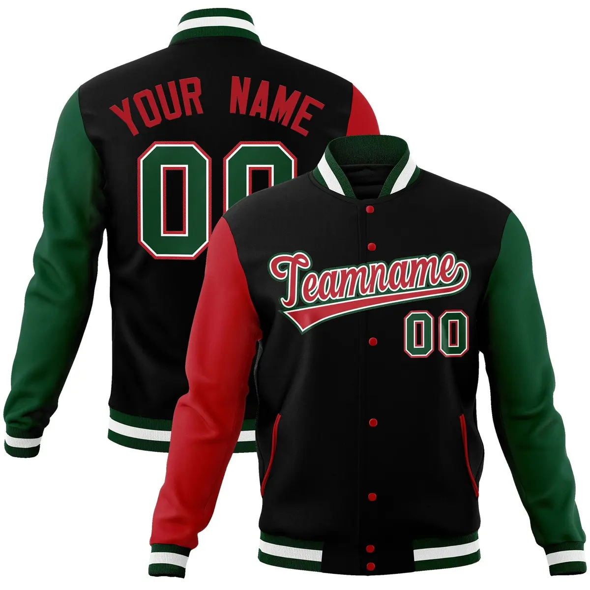 Black Red-White Raglan Varsity Full-Snap Letterman Jacket