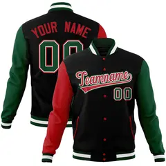 Black Red-White Raglan Varsity Full-Snap Letterman Jacket