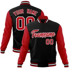 Black Red-White Raglan Varsity Full-Snap Letterman Jacket