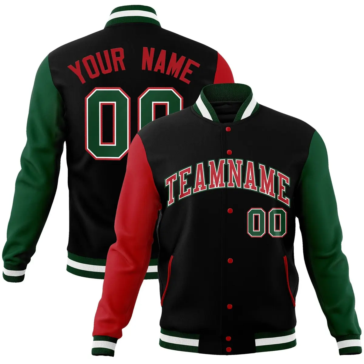 Black Red-White Raglan Varsity Full-Snap Letterman Jacket