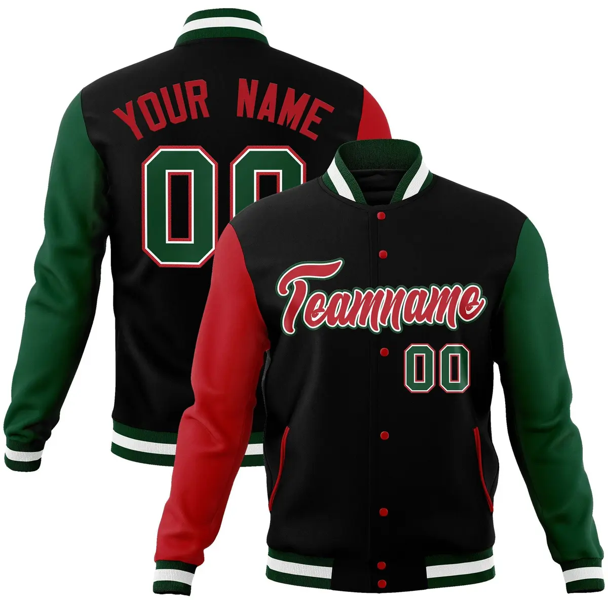 Black Red-White Raglan Varsity Full-Snap Letterman Jacket