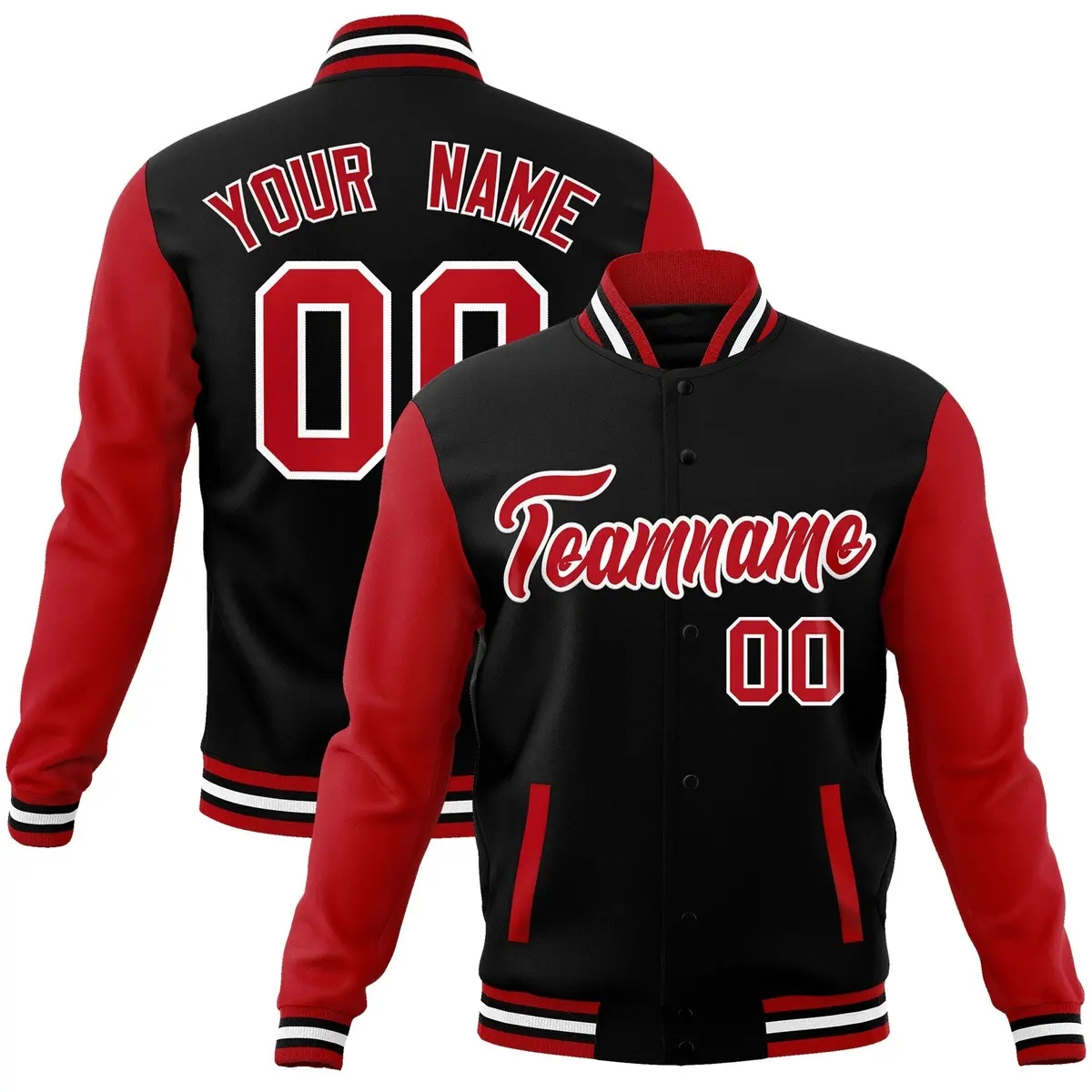 Black Red-White Raglan Varsity Full-Snap Letterman Jacket